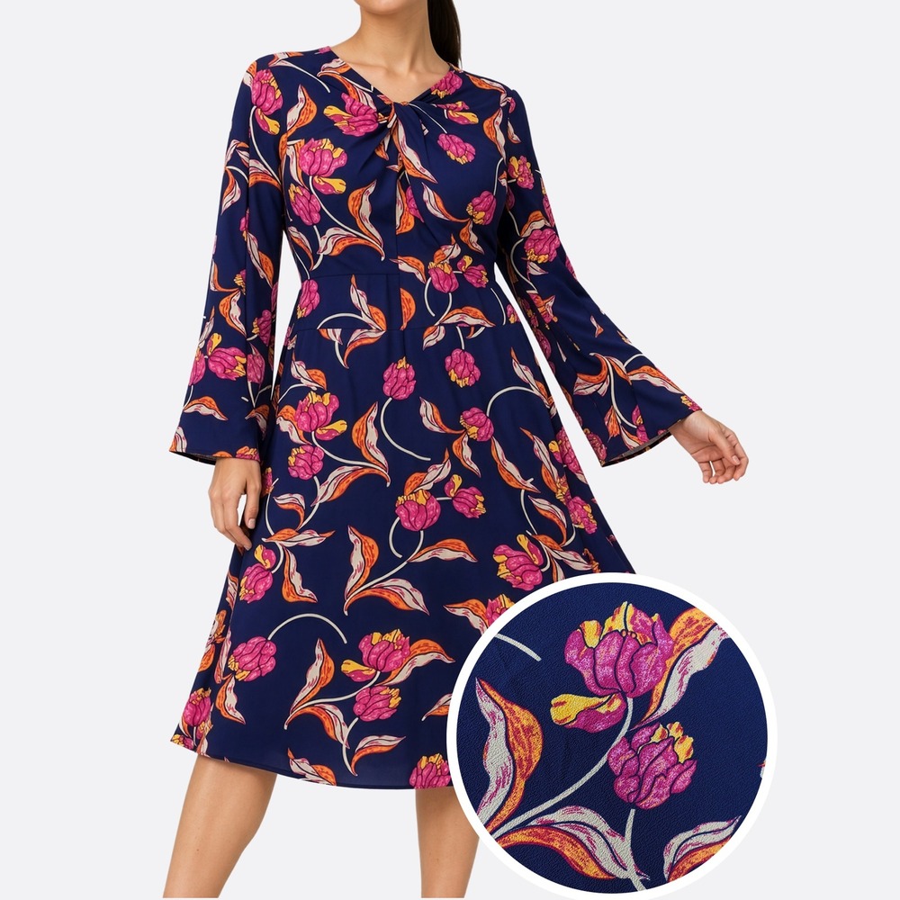 Maggy London Tulip Floral Midi Dress 12 fits M/L Navy Magenta Bell Sleeve Twist